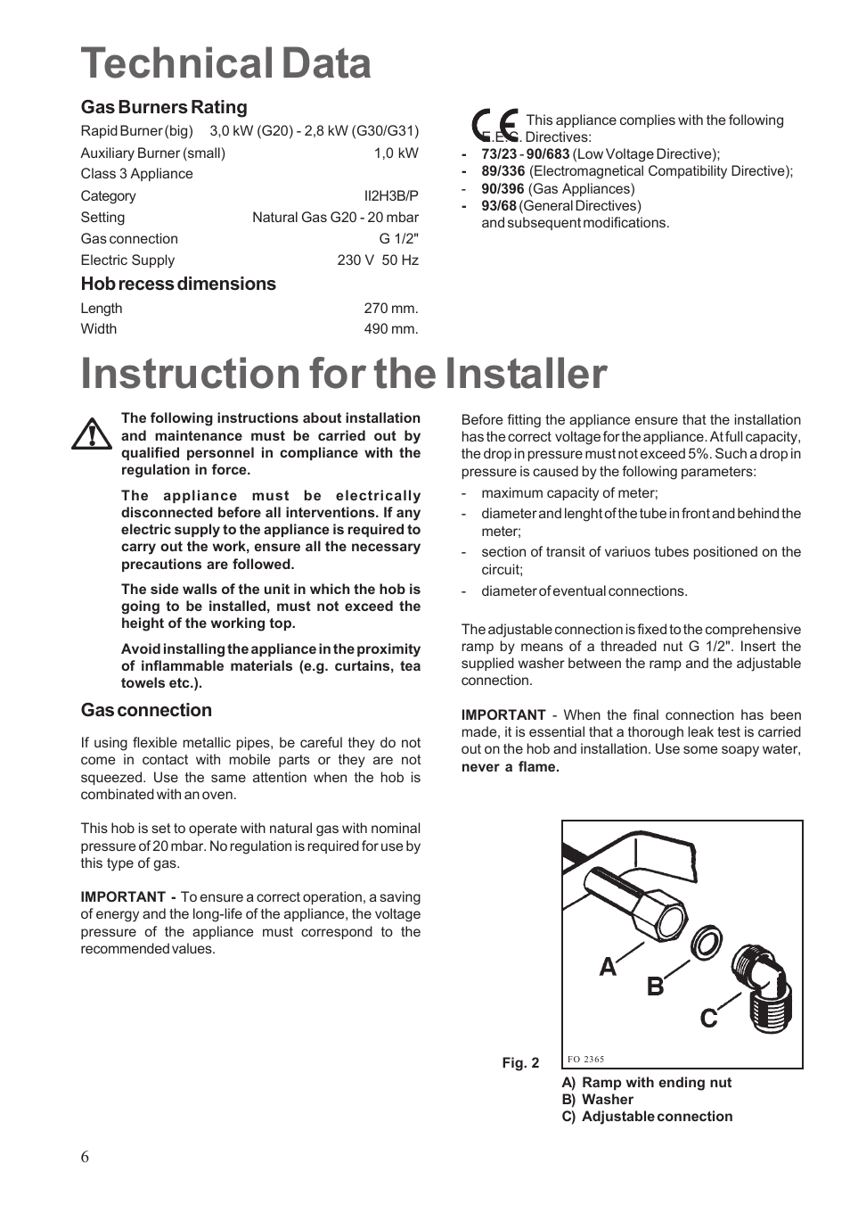 Instruction for the installer, Technical data | Electrolux EHGT326X User Manual | Page 6 / 12