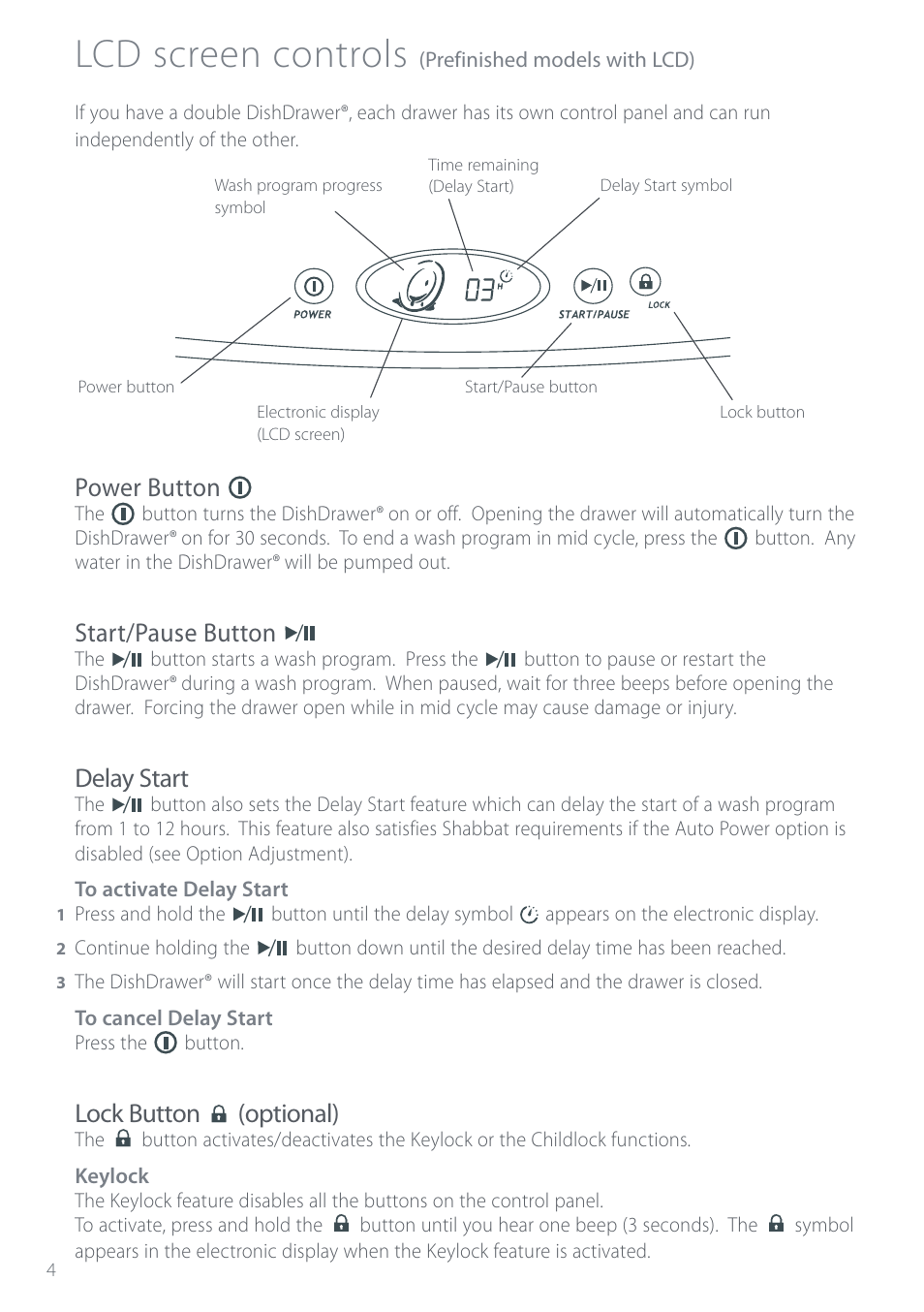 Lcd screen controls, Power button, Start/pause button | Delay start, Lock button (optional) | Electrolux DS603 User Manual | Page 10 / 40