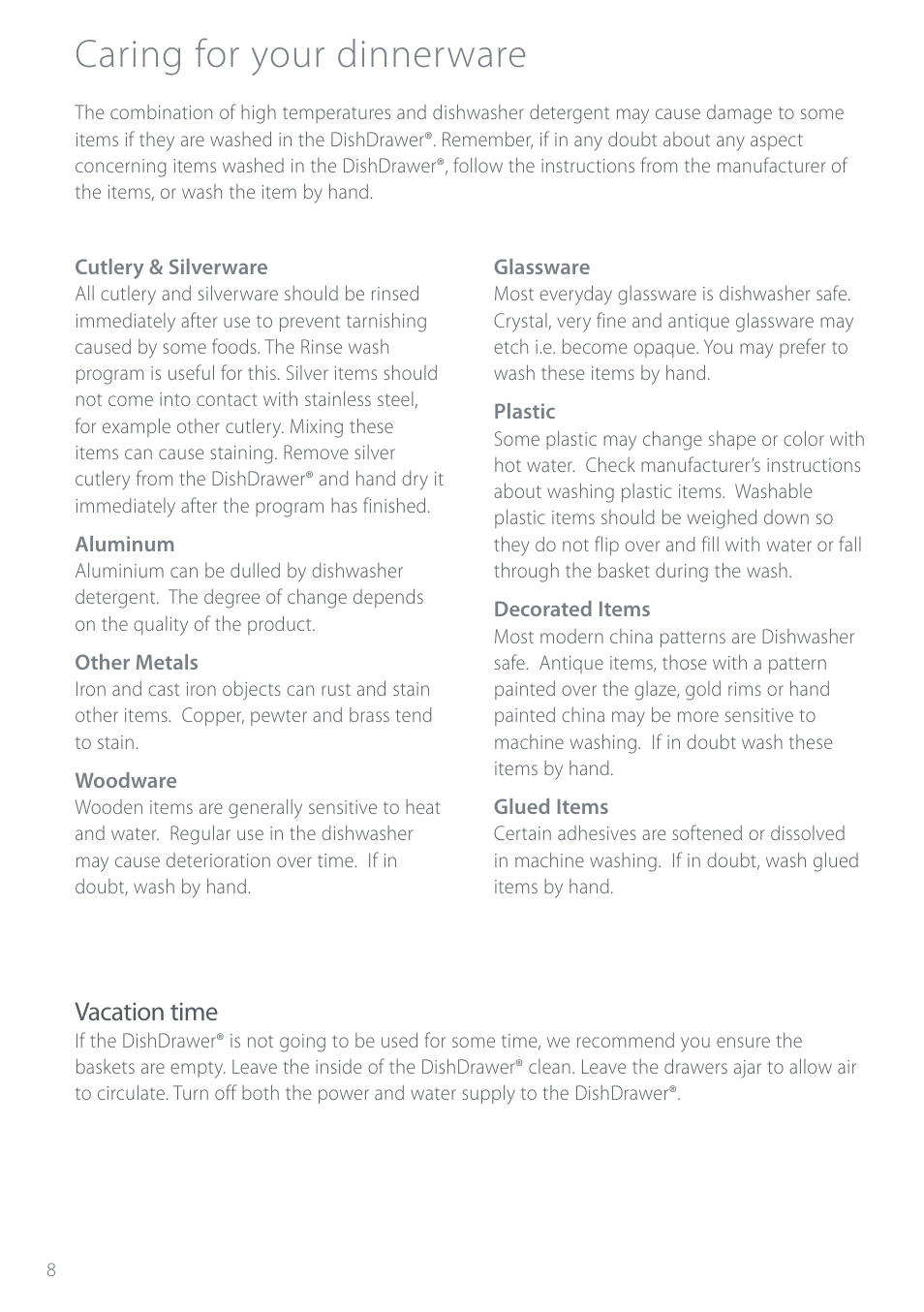 Caring for your dinnerware, Vacation time | Electrolux DS603 User Manual | Page 14 / 40