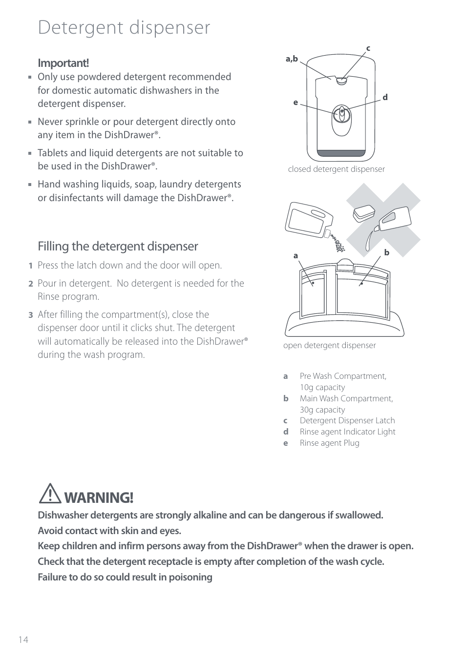 Detergent dispenser, Warning, Filling the detergent dispenser | Important | Electrolux DS603 User Manual | Page 20 / 40