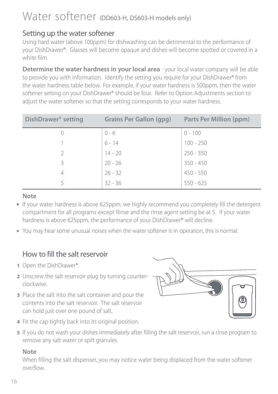 Water softener, Setting up the water softener, How to fill the salt reservoir | Electrolux DS603 User Manual | Page 22 / 40
