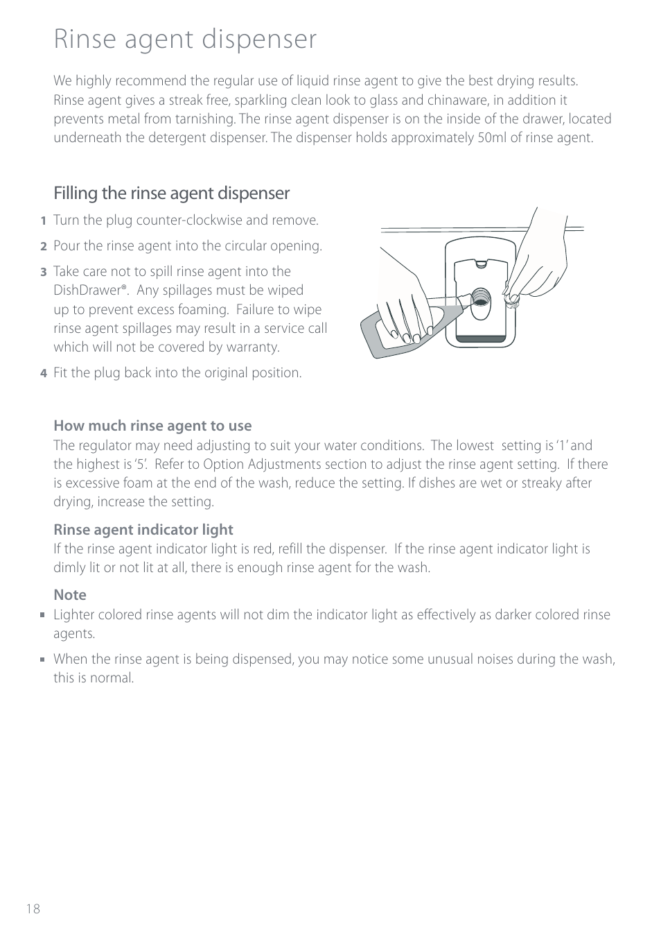 Rinse agent dispenser, Filling the rinse agent dispenser | Electrolux DS603 User Manual | Page 24 / 40