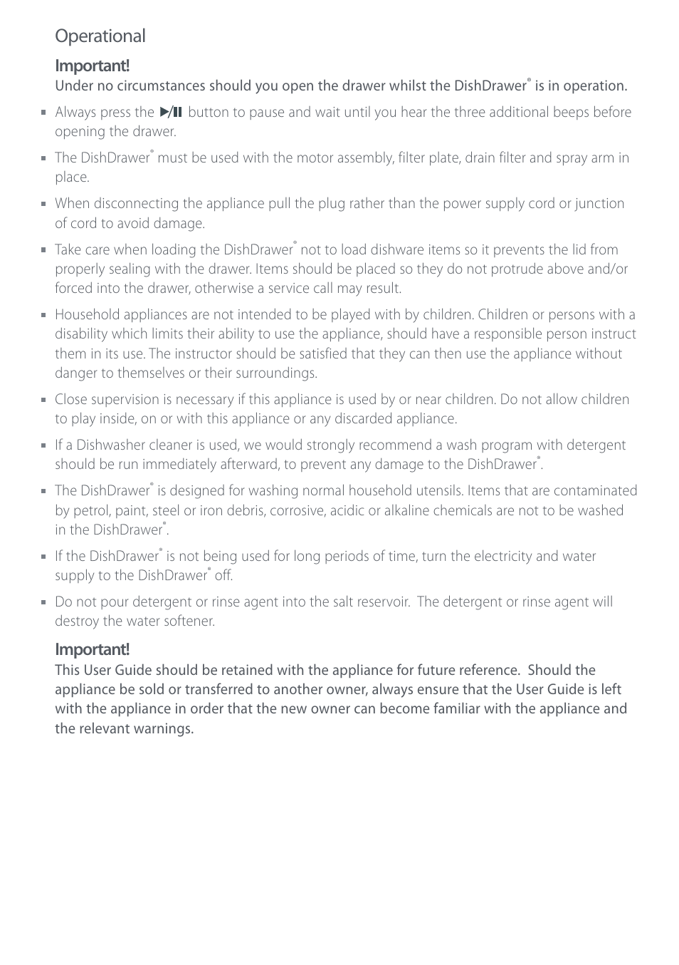 Operational, Important | Electrolux DS603 User Manual | Page 6 / 40