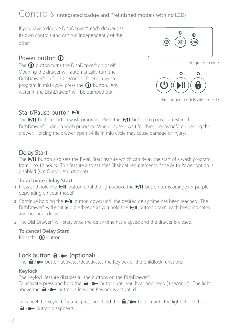 Controls, Power button, Start/pause button | Delay start, Lock button, Optional) | Electrolux DS603 User Manual | Page 8 / 40