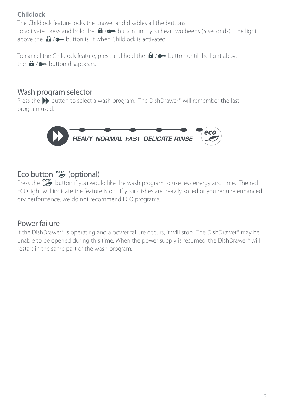 Wash program selector, Eco button (optional), Power failure | Electrolux DS603 User Manual | Page 9 / 40