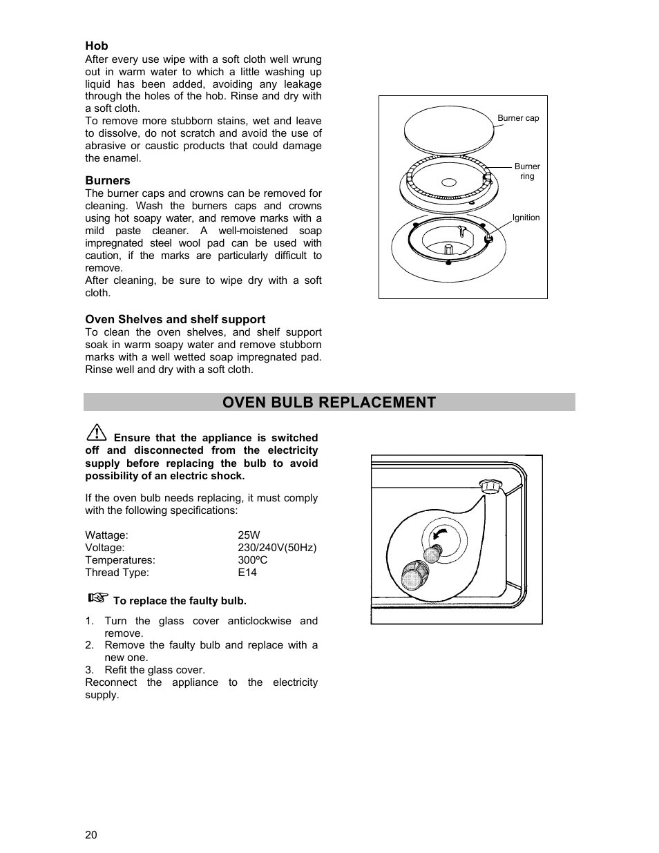Oven bulb replacement | Electrolux DSO51DF User Manual | Page 20 / 24
