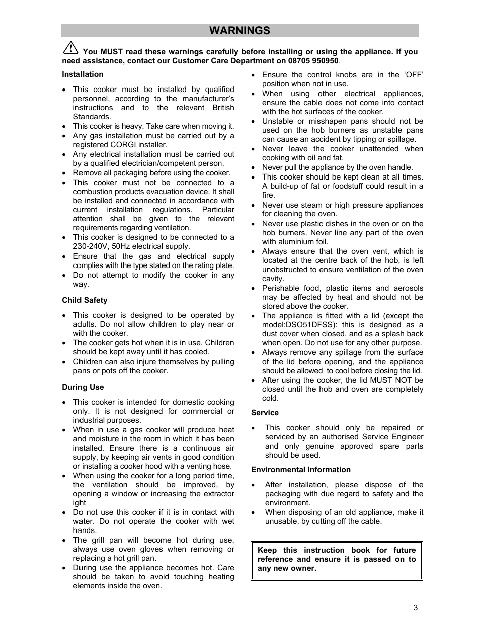 Warnings | Electrolux DSO51DF User Manual | Page 3 / 24