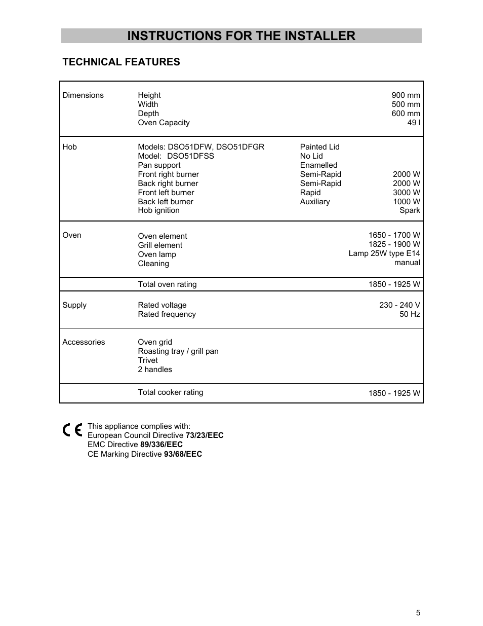 Instructions for the installer, Technical features | Electrolux DSO51DF User Manual | Page 5 / 24