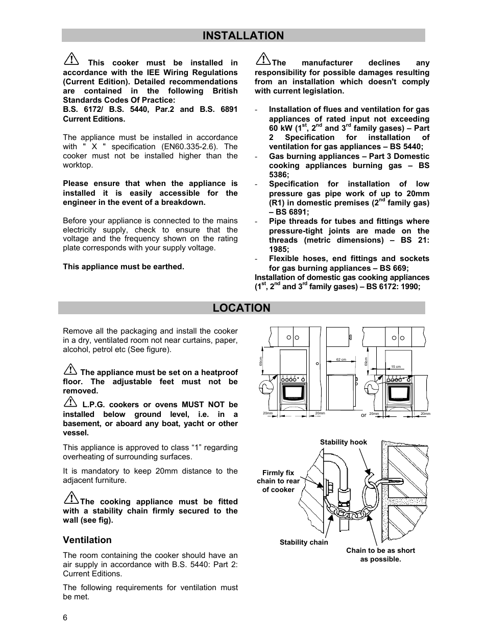 Installation, Location, Ventilation | Electrolux DSO51DF User Manual | Page 6 / 24