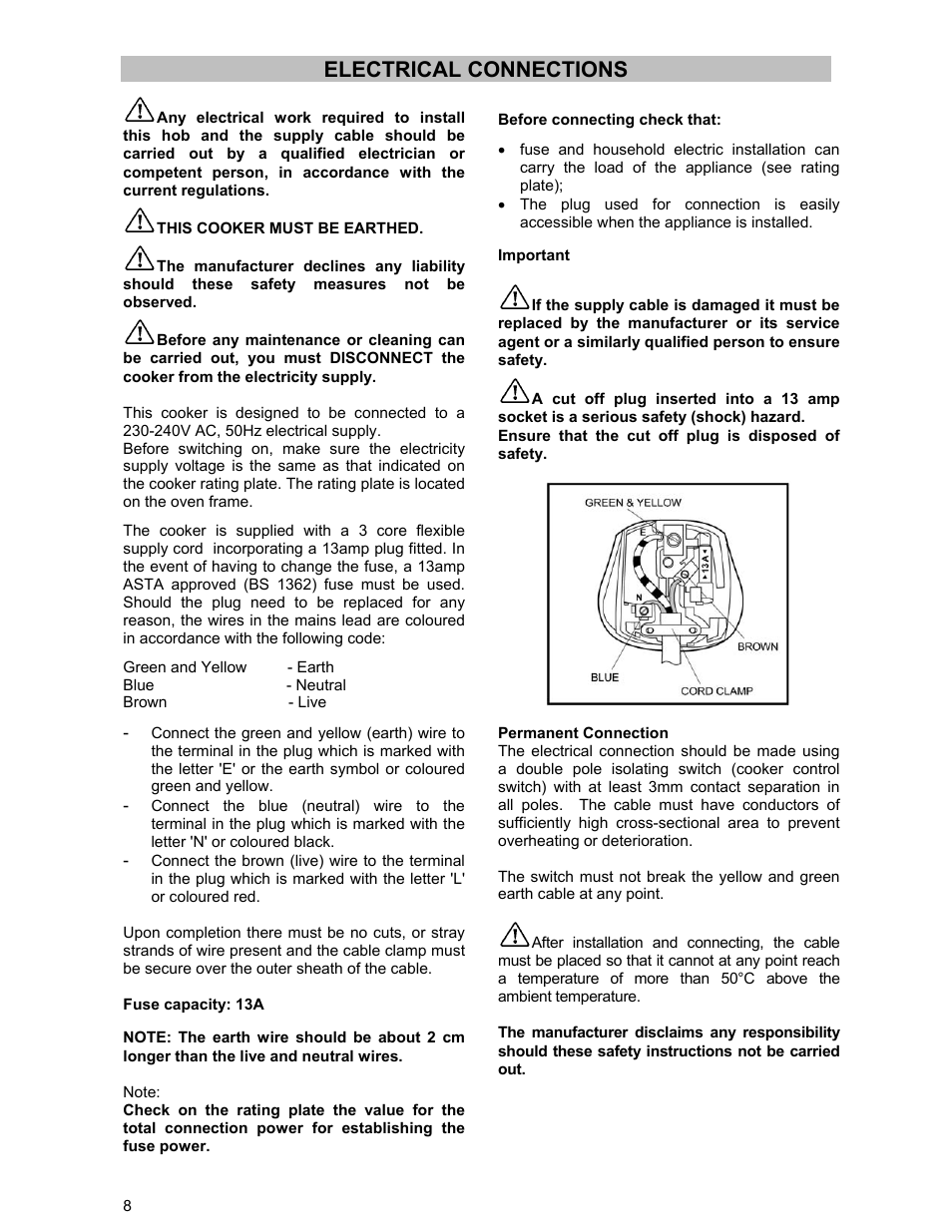 Electrical connections | Electrolux DSO51DF User Manual | Page 8 / 24