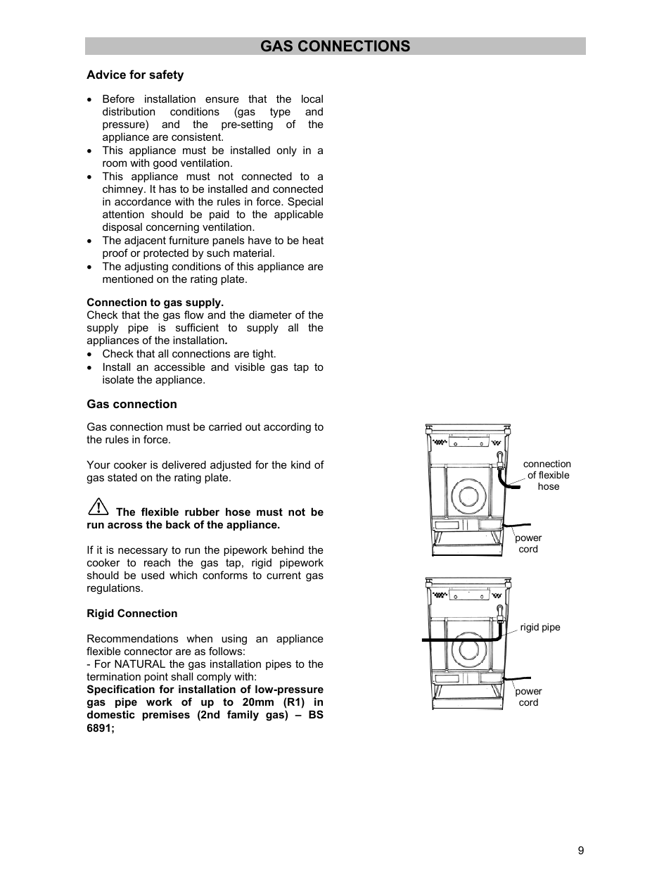 Gas connections | Electrolux DSO51DF User Manual | Page 9 / 24