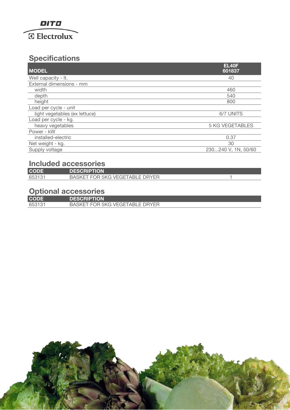 Specifications, Included accessories, Optional accessories | Electrolux Dito EL40F User Manual | Page 2 / 4