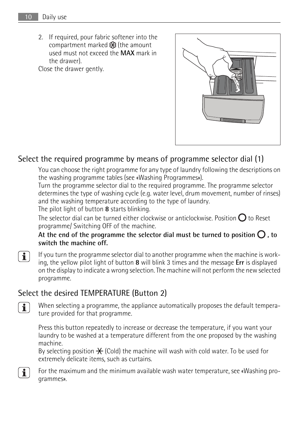 Select the desired temperature (button 2) | Electrolux LAVAMAT 62840 L User Manual | Page 10 / 36