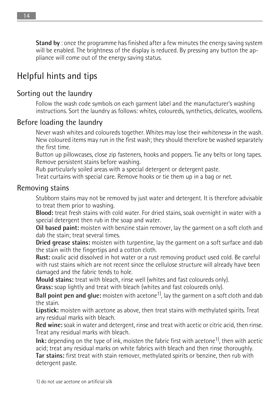 Helpful hints and tips, Sorting out the laundry, Before loading the laundry | Removing stains | Electrolux LAVAMAT 62840 L User Manual | Page 14 / 36