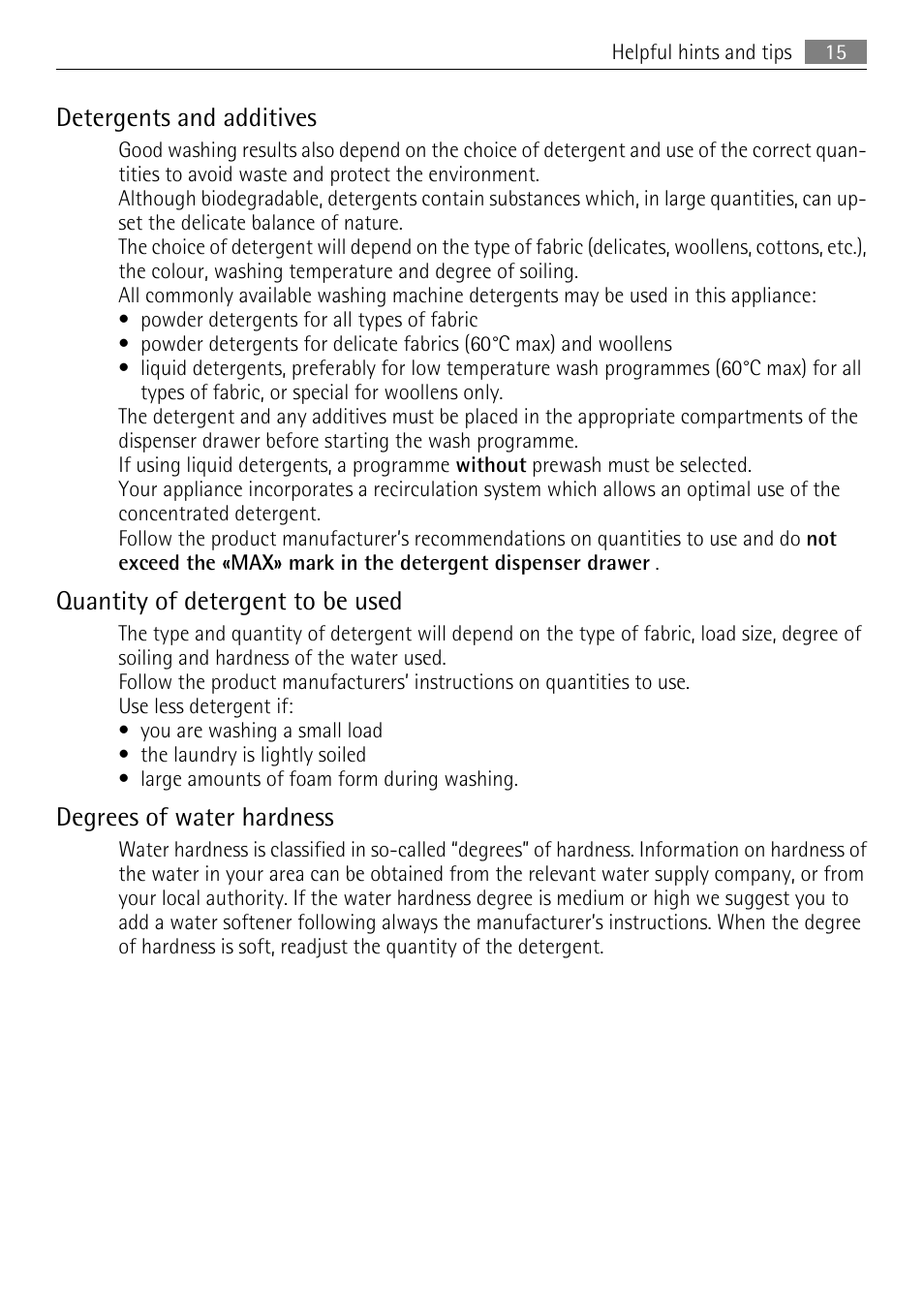 Detergents and additives, Quantity of detergent to be used, Degrees of water hardness | Electrolux LAVAMAT 62840 L User Manual | Page 15 / 36