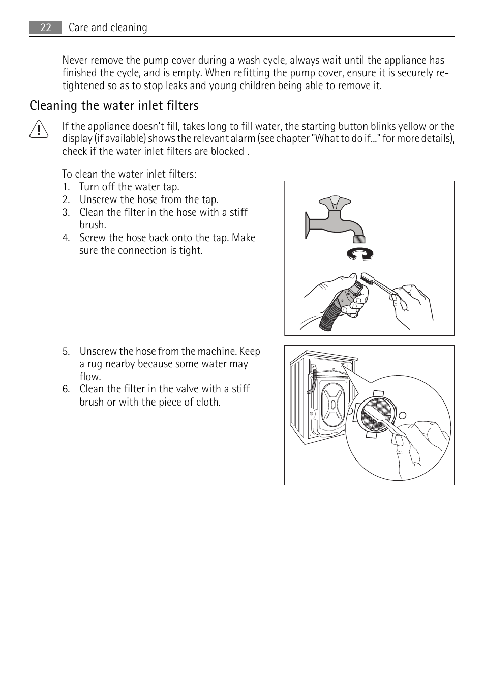 Cleaning the water inlet filters | Electrolux LAVAMAT 62840 L User Manual | Page 22 / 36