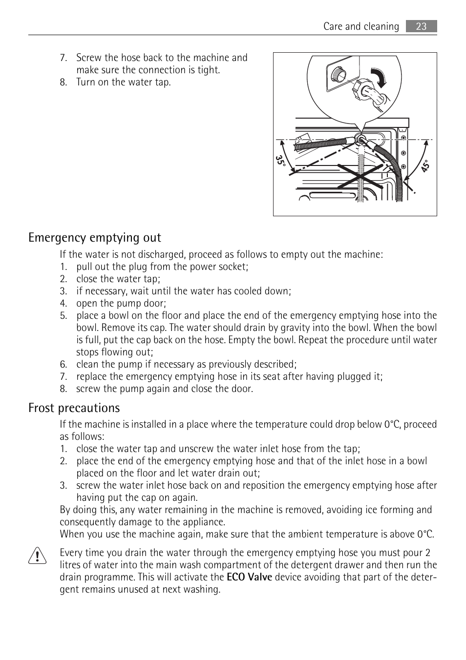 Emergency emptying out, Frost precautions | Electrolux LAVAMAT 62840 L User Manual | Page 23 / 36