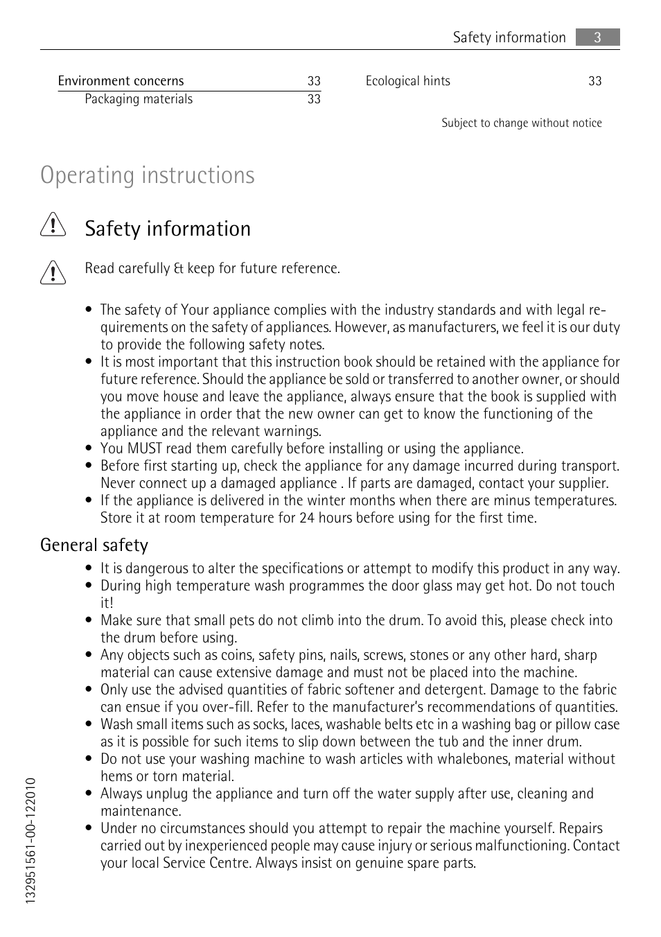 Operating instructions, Safety information, General safety | Electrolux LAVAMAT 62840 L User Manual | Page 3 / 36