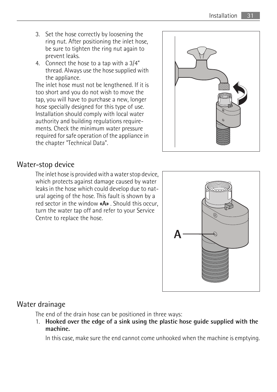 Water-stop device, Water drainage | Electrolux LAVAMAT 62840 L User Manual | Page 31 / 36