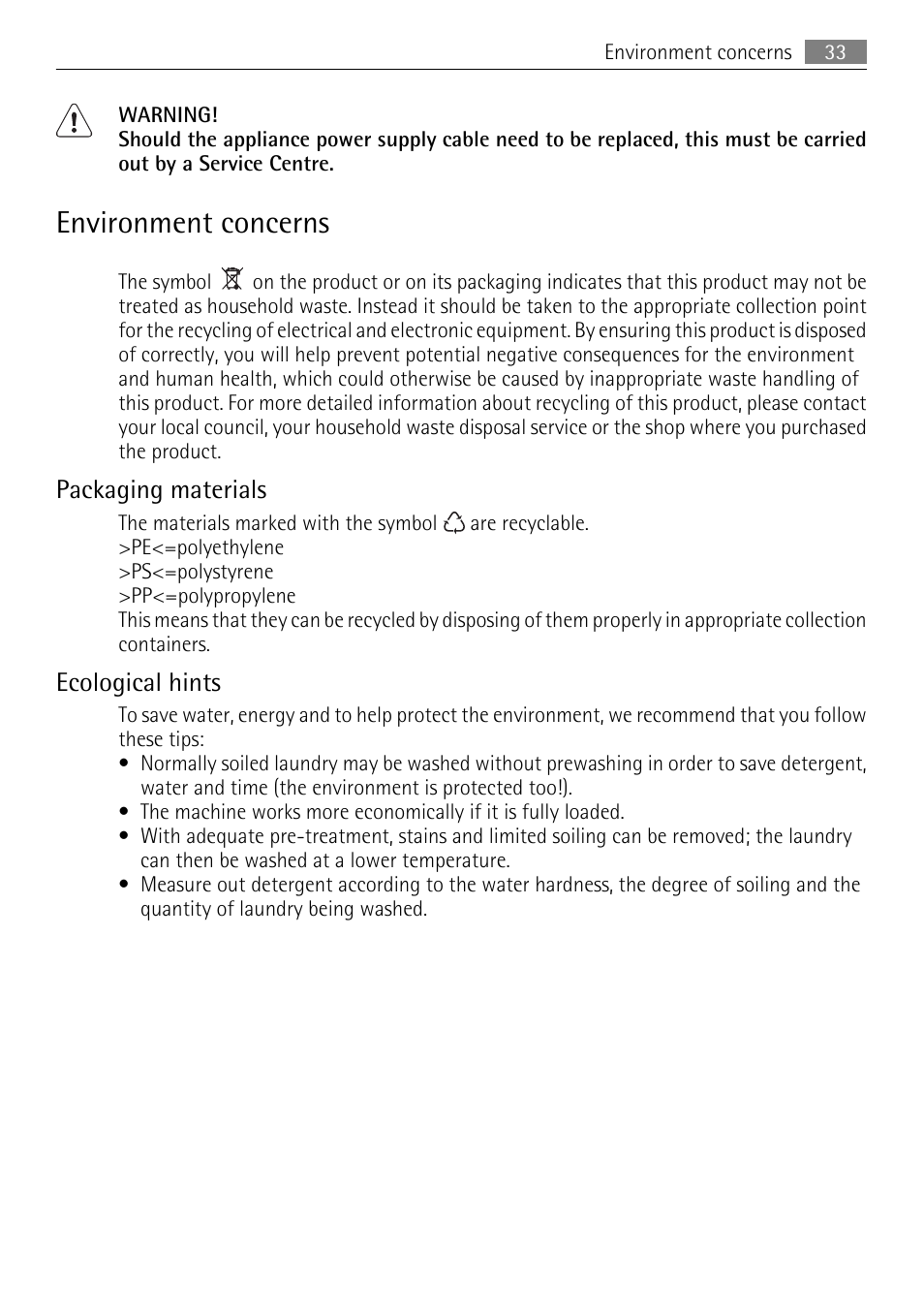 Environment concerns, Packaging materials, Ecological hints | Electrolux LAVAMAT 62840 L User Manual | Page 33 / 36