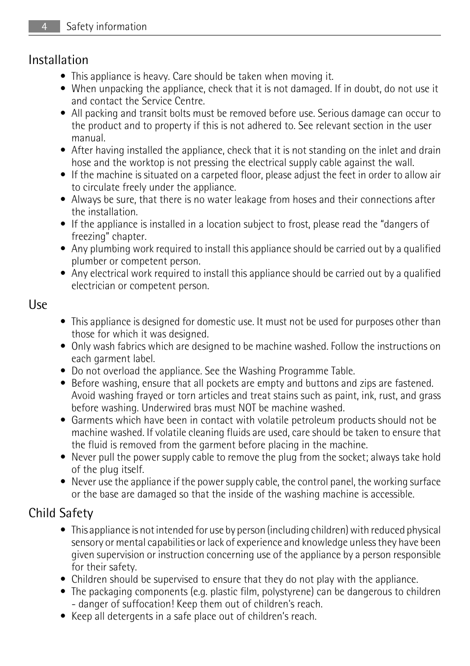 Installation, Child safety | Electrolux LAVAMAT 62840 L User Manual | Page 4 / 36