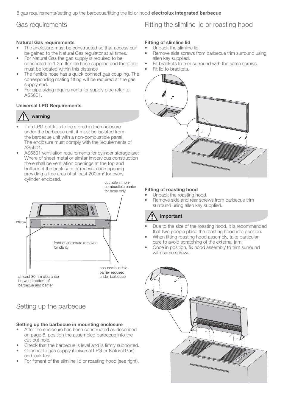 Gas requirements setting up the barbecue, Fitting the slimline lid or roasting hood | Electrolux EQBL100AS User Manual | Page 12 / 18
