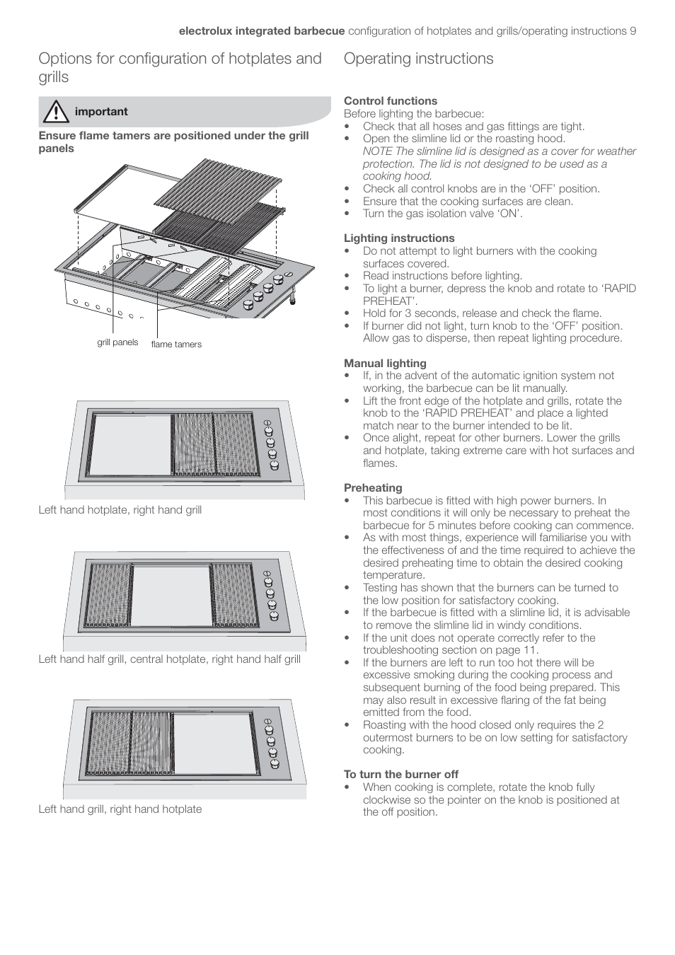 Options for conﬁguration of hotplates and grills, Operating instructions | Electrolux EQBL100AS User Manual | Page 13 / 18