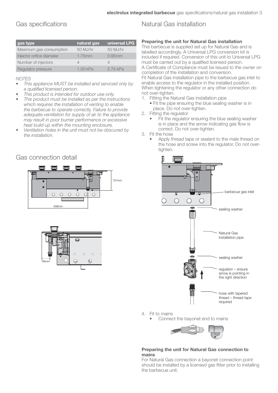 Gas connection detail, Natural gas installation gas speciﬁcations | Electrolux EQBL100AS User Manual | Page 7 / 18