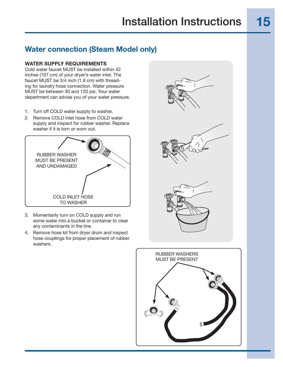 Installation instructions, Water connection (steam model only) | Electrolux Front-Load Gas & Electric Dryer 137382100 A (1106) User Manual | Page 15 / 76