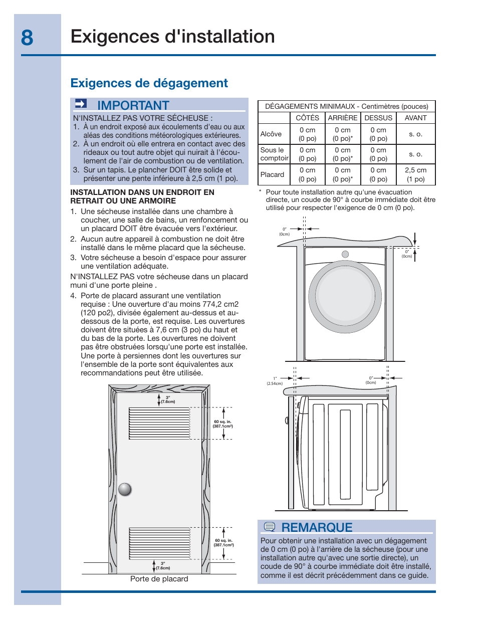 Exigences d'installation, Exigences de dégagement important, Remarque | Electrolux Front-Load Gas & Electric Dryer 137382100 A (1106) User Manual | Page 32 / 76