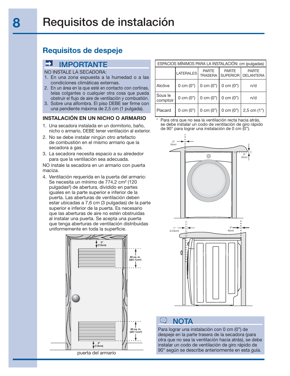 Requisitos de instalación, Requisitos de despeje importante, Nota | Electrolux Front-Load Gas & Electric Dryer 137382100 A (1106) User Manual | Page 56 / 76