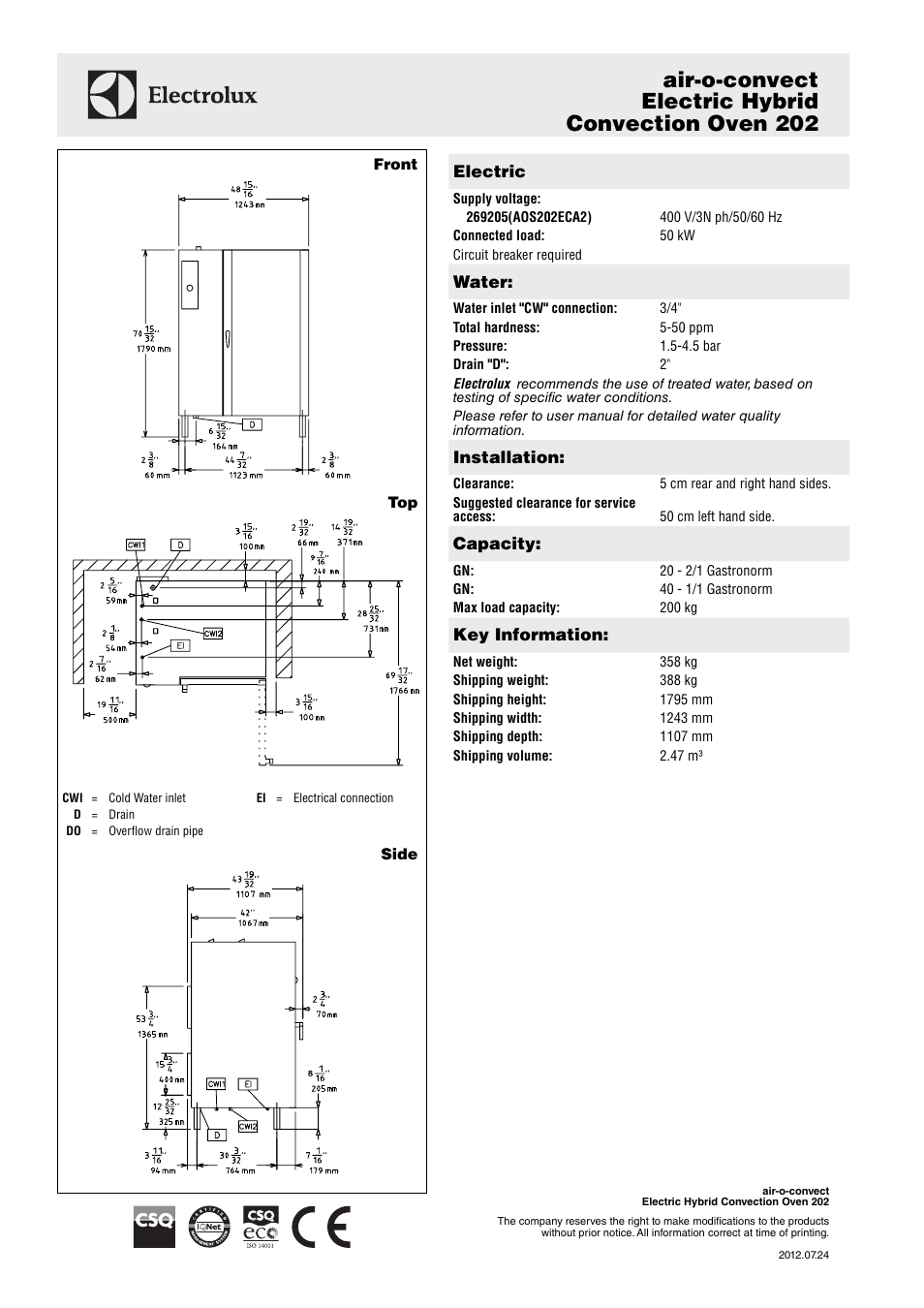Air-o-convect electric hybrid convection oven 202 | Electrolux Air-o-convect 202 User Manual | Page 2 / 3