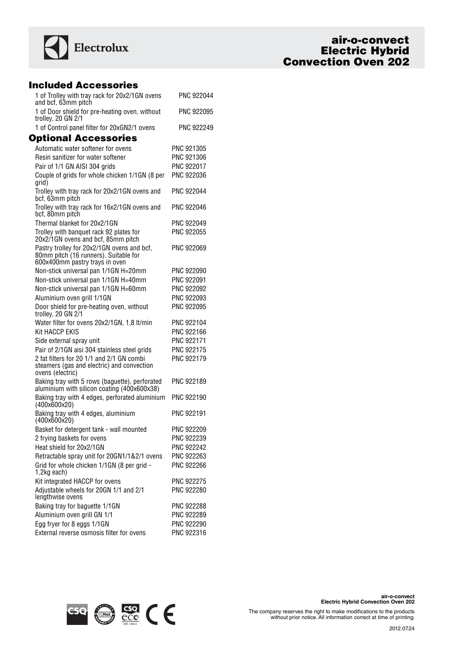 Air-o-convect electric hybrid convection oven 202, Included accessories, Optional accessories | Electrolux Air-o-convect 202 User Manual | Page 3 / 3