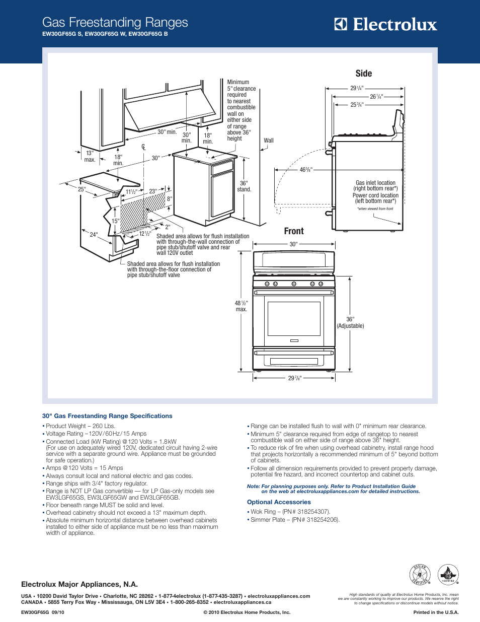 Gas freestanding ranges, Front, Side | Electrolux PERFECT TURKEY EW30GF65G S User Manual | Page 2 / 2