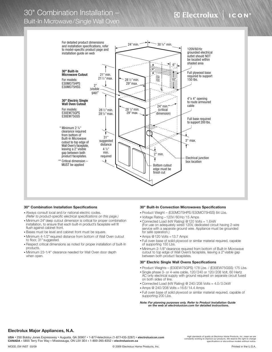 30" combination installation, Built-in microwave/single wall oven | Electrolux E30MO75HPS User Manual | Page 3 / 4