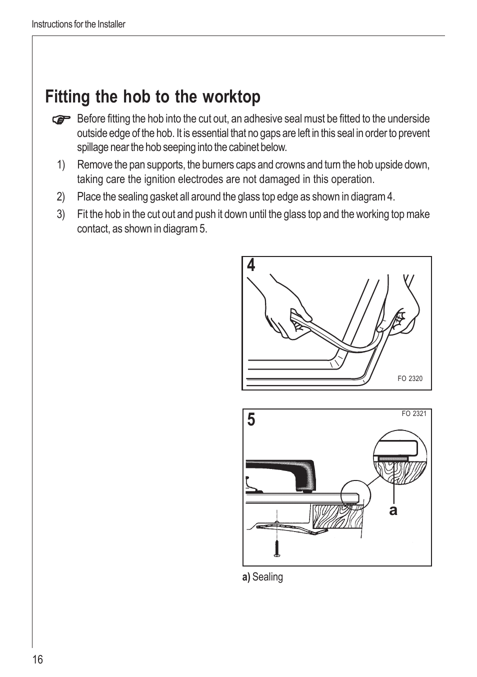 Fitting the hob to the worktop | Electrolux 99852 G User Manual | Page 16 / 24