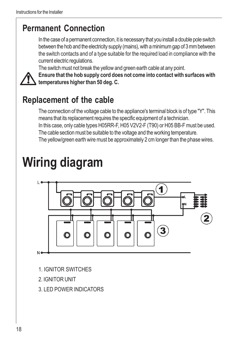 Wiring diagram, Permanent connection, Replacement of the cable | Electrolux 99852 G User Manual | Page 18 / 24