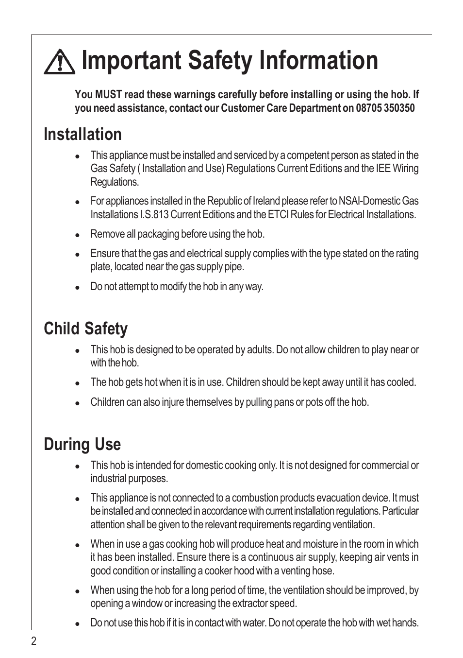 Important safety information, Installation, Child safety | During use | Electrolux 99852 G User Manual | Page 2 / 24