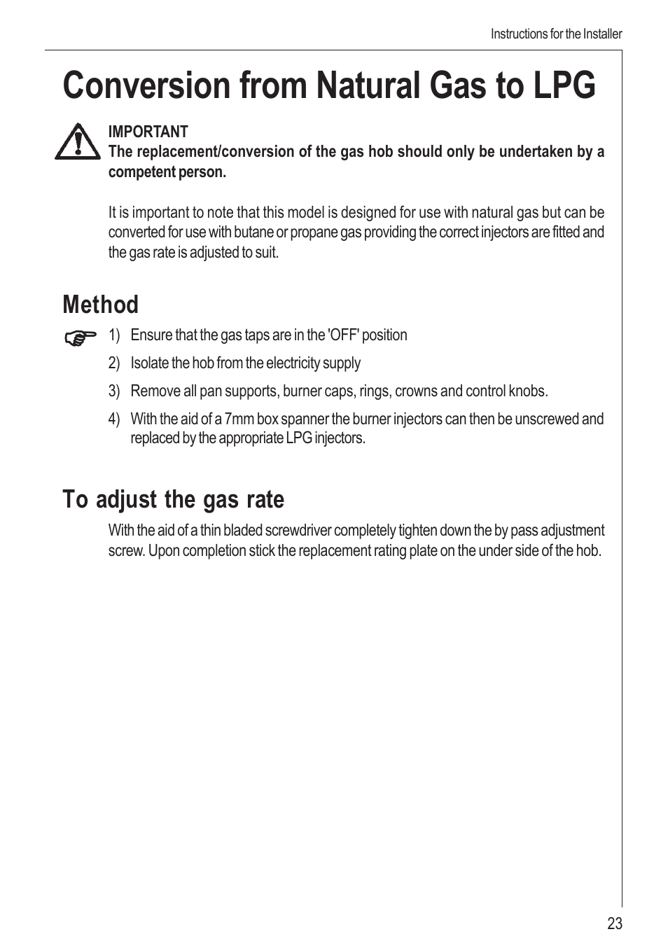 Conversion from natural gas to lpg | Electrolux 99852 G User Manual | Page 23 / 24