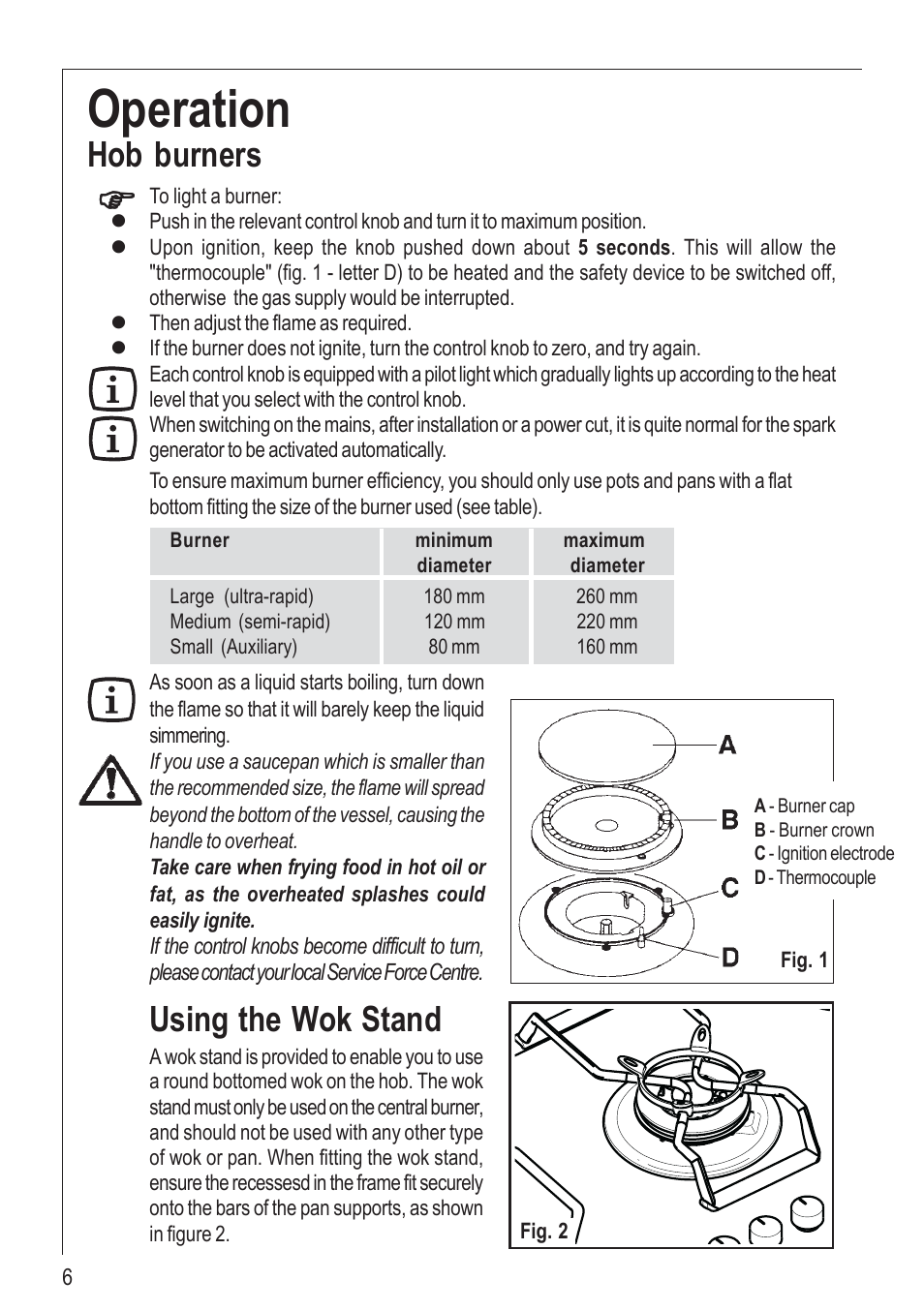 Operation, Hob burners, Using the wok stand | Electrolux 99852 G User Manual | Page 6 / 24