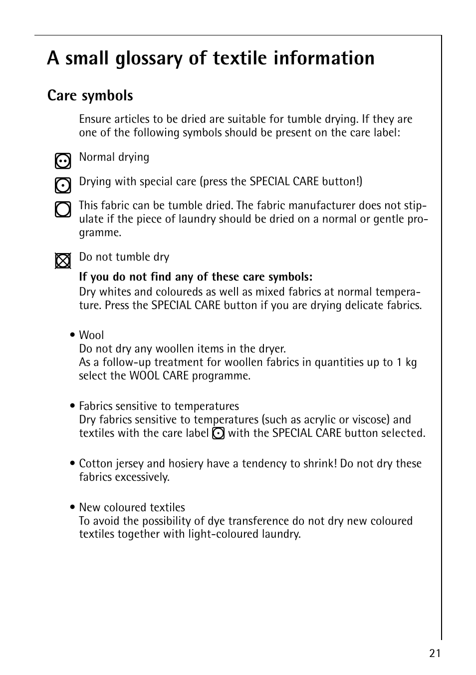 A small glossary of textile information, Care symbols | Electrolux LAVATHERM 37320 User Manual | Page 21 / 40