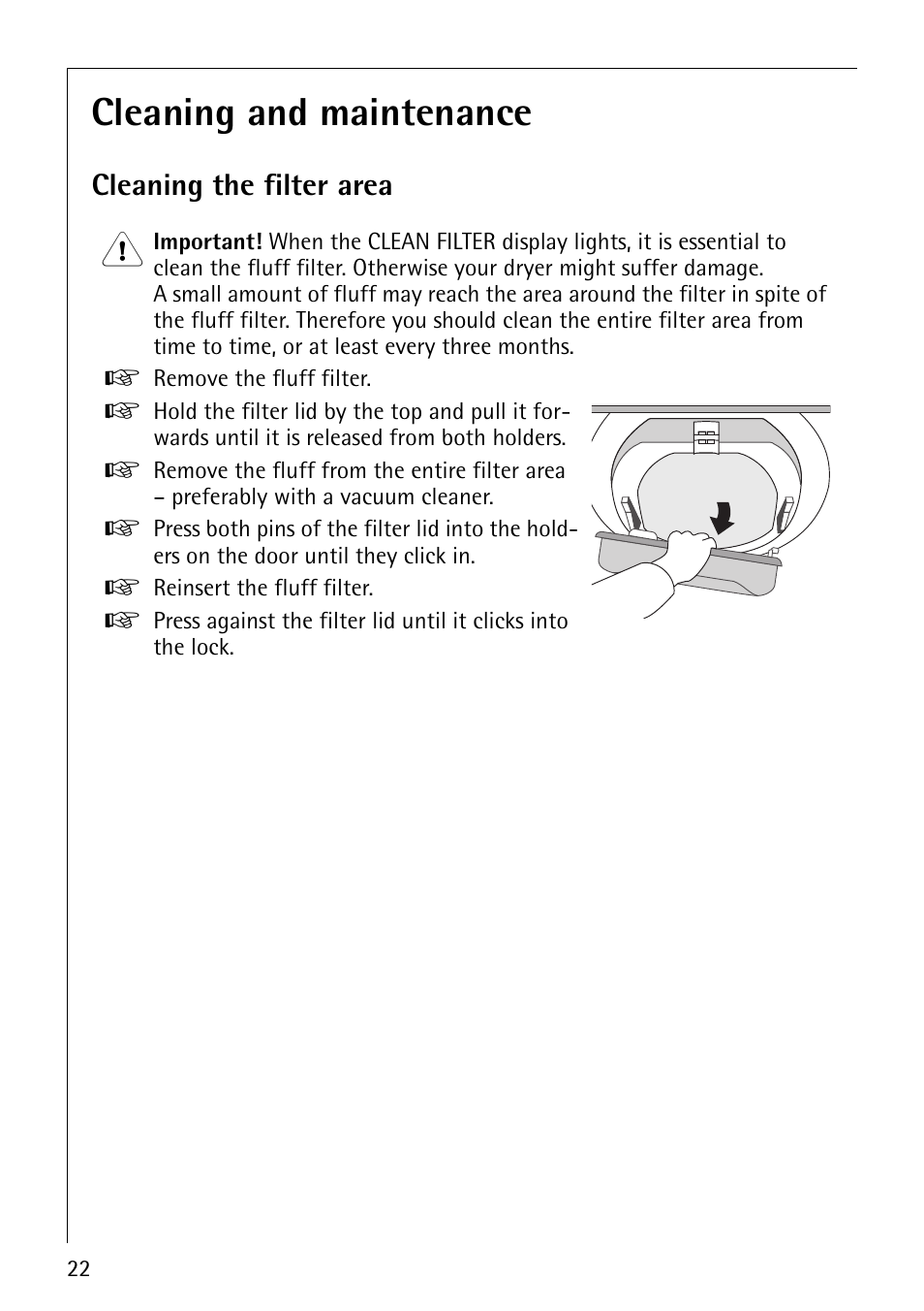 Cleaning and maintenance, Cleaning the filter area | Electrolux LAVATHERM 37320 User Manual | Page 22 / 40