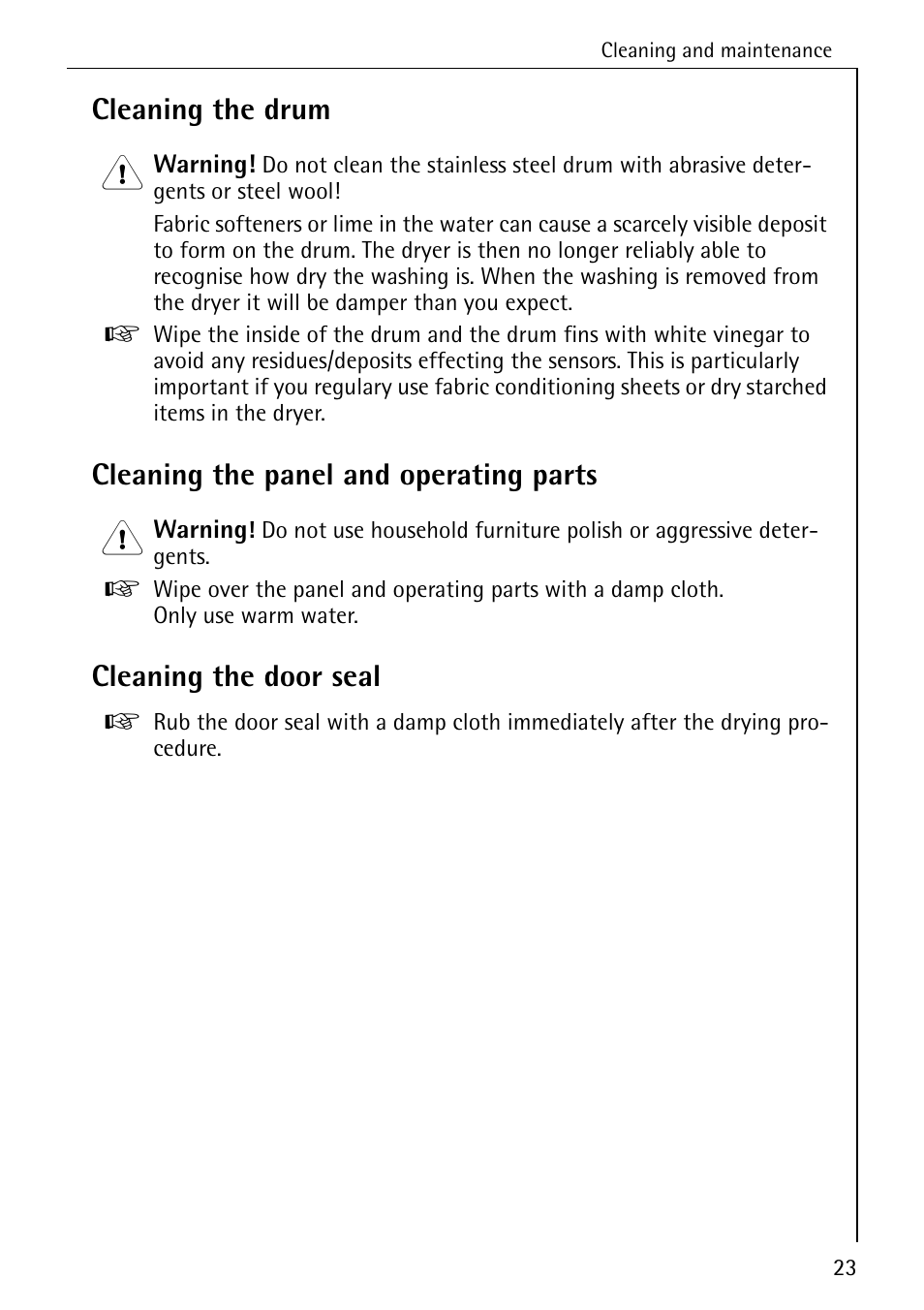 Cleaning the drum, Cleaning the panel and operating parts, Cleaning the door seal | Electrolux LAVATHERM 37320 User Manual | Page 23 / 40