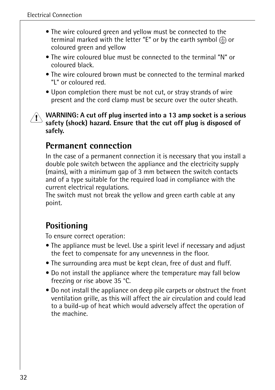 Permanent connection, Positioning | Electrolux LAVATHERM 37320 User Manual | Page 32 / 40