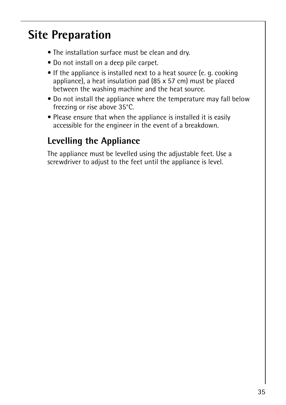 Site preparation, Levelling the appliance | Electrolux LAVATHERM 37320 User Manual | Page 35 / 40