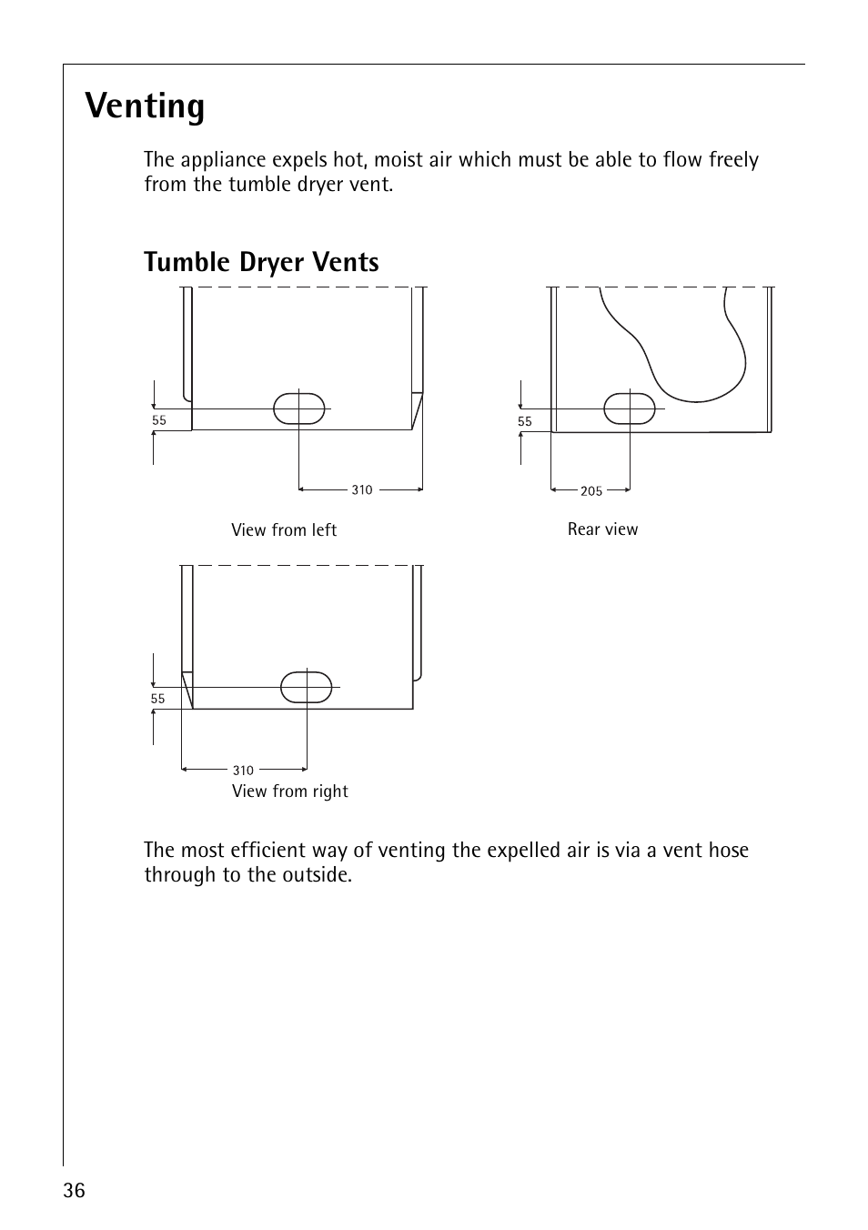 Venting, Tumble dryer vents | Electrolux LAVATHERM 37320 User Manual | Page 36 / 40