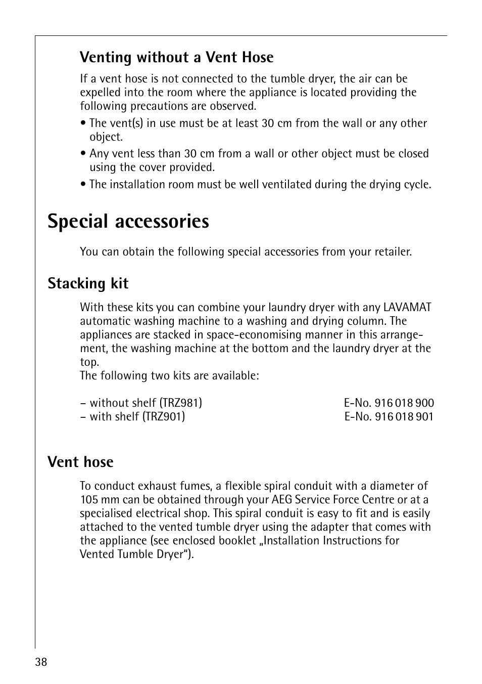 Special accessories, Venting without a vent hose, Stacking kit | Vent hose | Electrolux LAVATHERM 37320 User Manual | Page 38 / 40