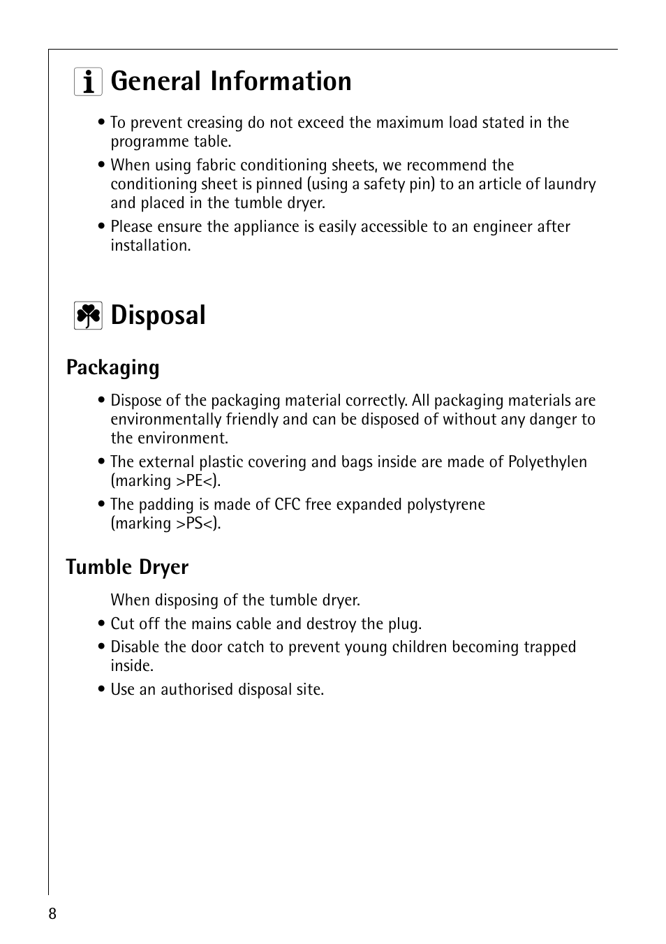 3 general information, 2 disposal, Packaging | Tumble dryer | Electrolux LAVATHERM 37320 User Manual | Page 8 / 40