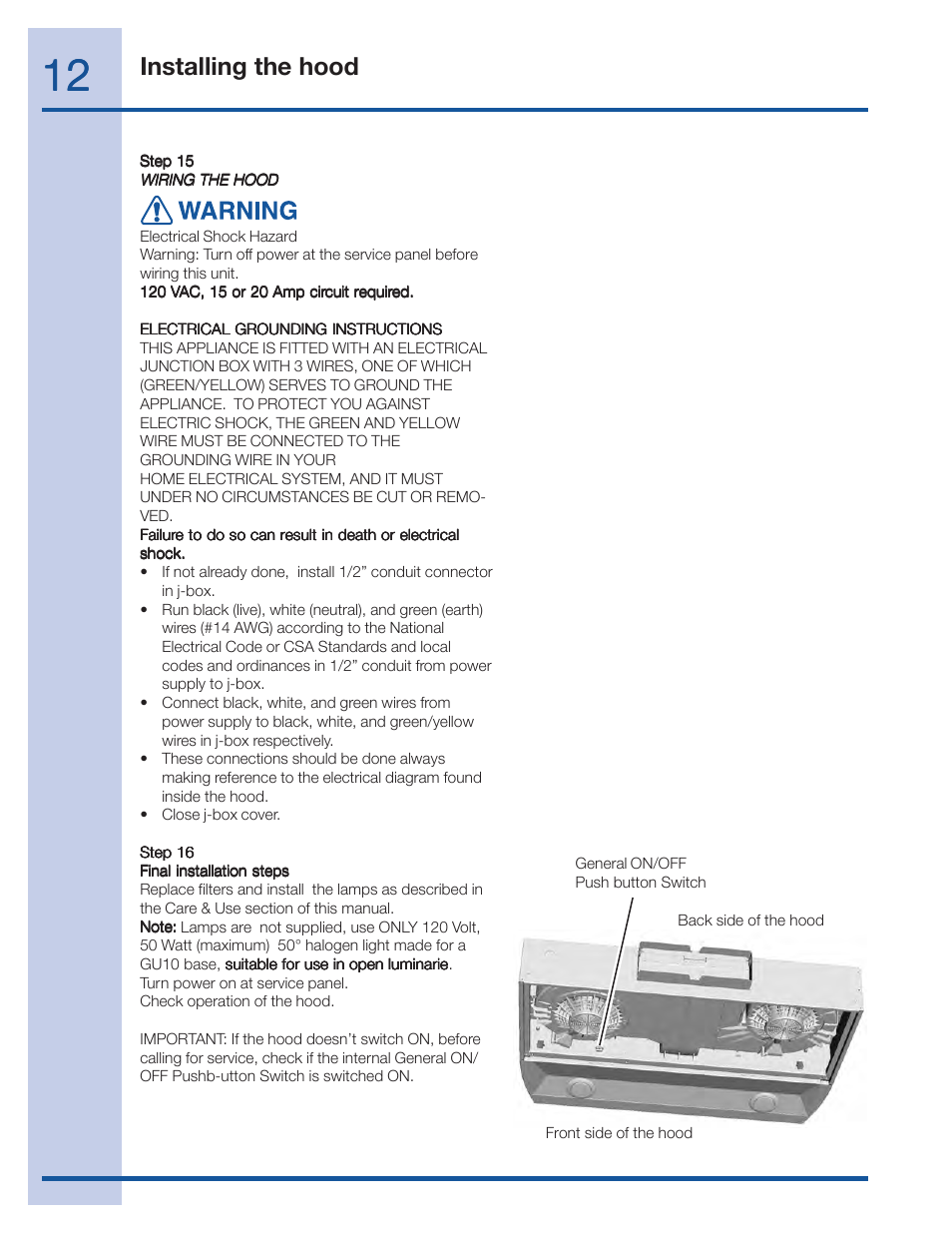 Installing the hood | Electrolux 316488521 User Manual | Page 12 / 19