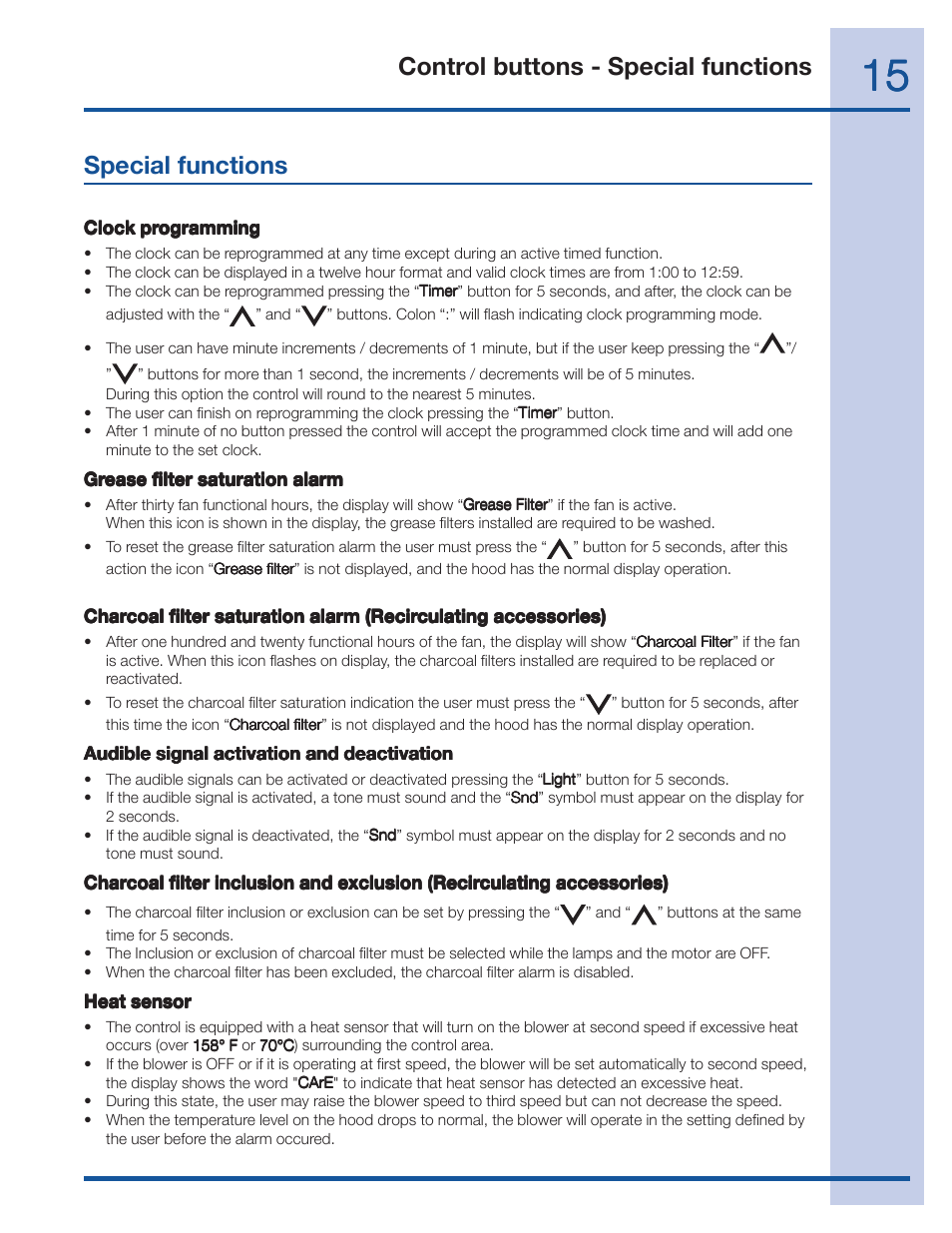 Special functions, Control buttons - special functions | Electrolux 316488521 User Manual | Page 15 / 19